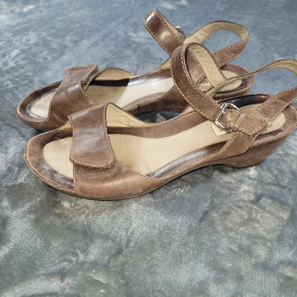 Ecco‎ Womens Brown Leather Wedge Sandals Slingback Buckle Ankle Strap Size 9